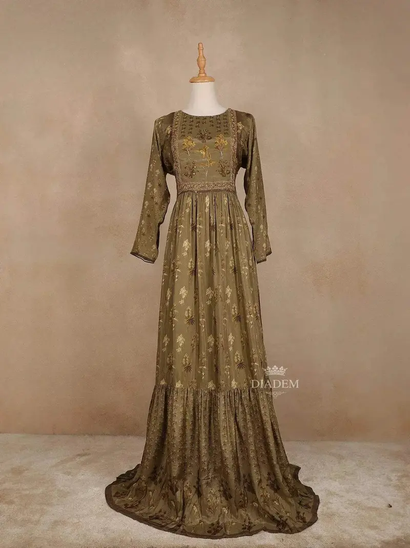 Olive Green Cotton Long Kurti Top Adorned With Sequins And Flower Design Prints Without Dupatta 1