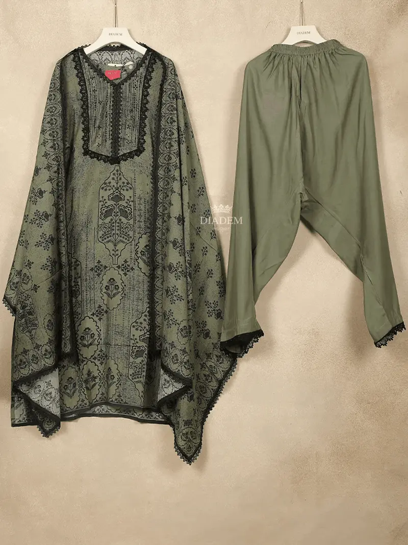 Olive Green Cotton Straight Cut Salwar Suit For Adorned With Sequins And Flower Prints, Paired With Dupatta 1