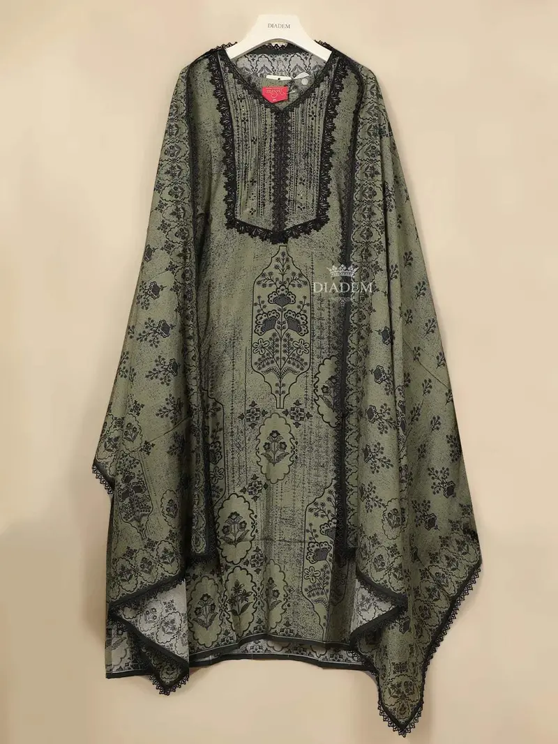 Olive Green Cotton Straight Cut Salwar Suit For Adorned With Sequins And Flower Prints, Paired With Dupatta 2