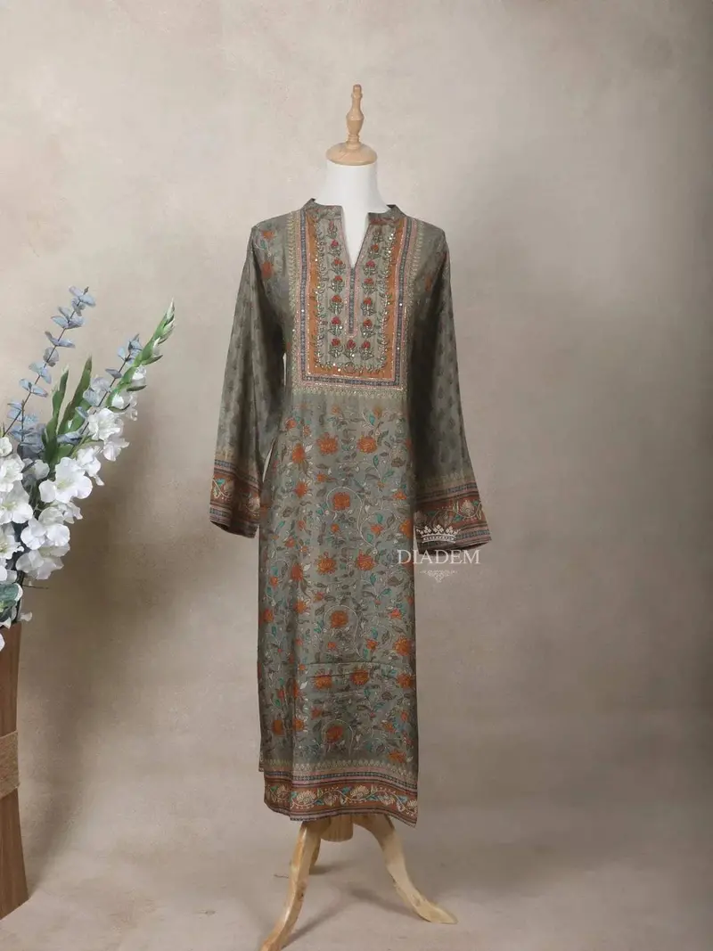 Olive Green Crepe Kurti Top Adorned With Sequins And Floral Prints 1