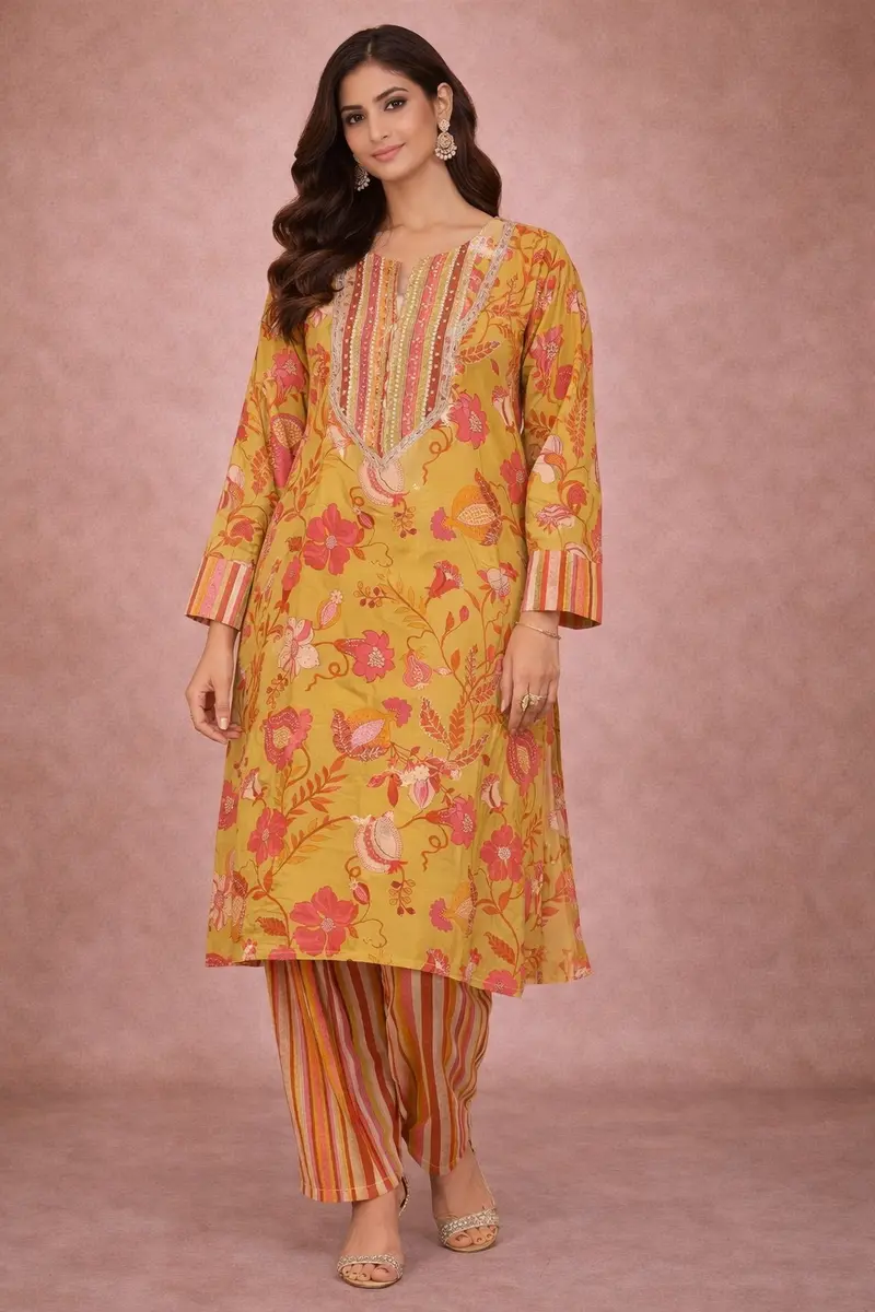 Olive Green Crepe Straight Cut Salwar Suit For Girls Adorned With Floral Prints And Embroidery 1