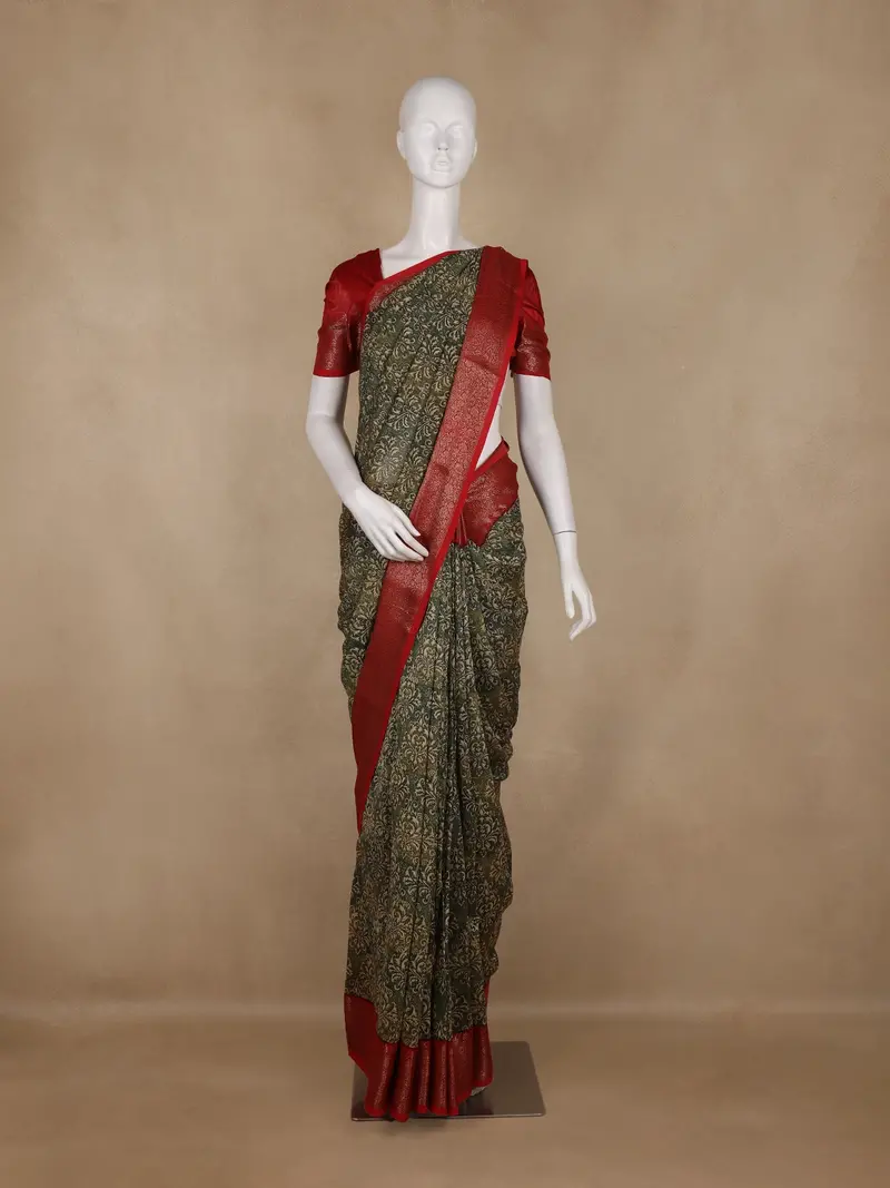 Olive Green Damask Floral Printed Chandheri Cotton Saree 1