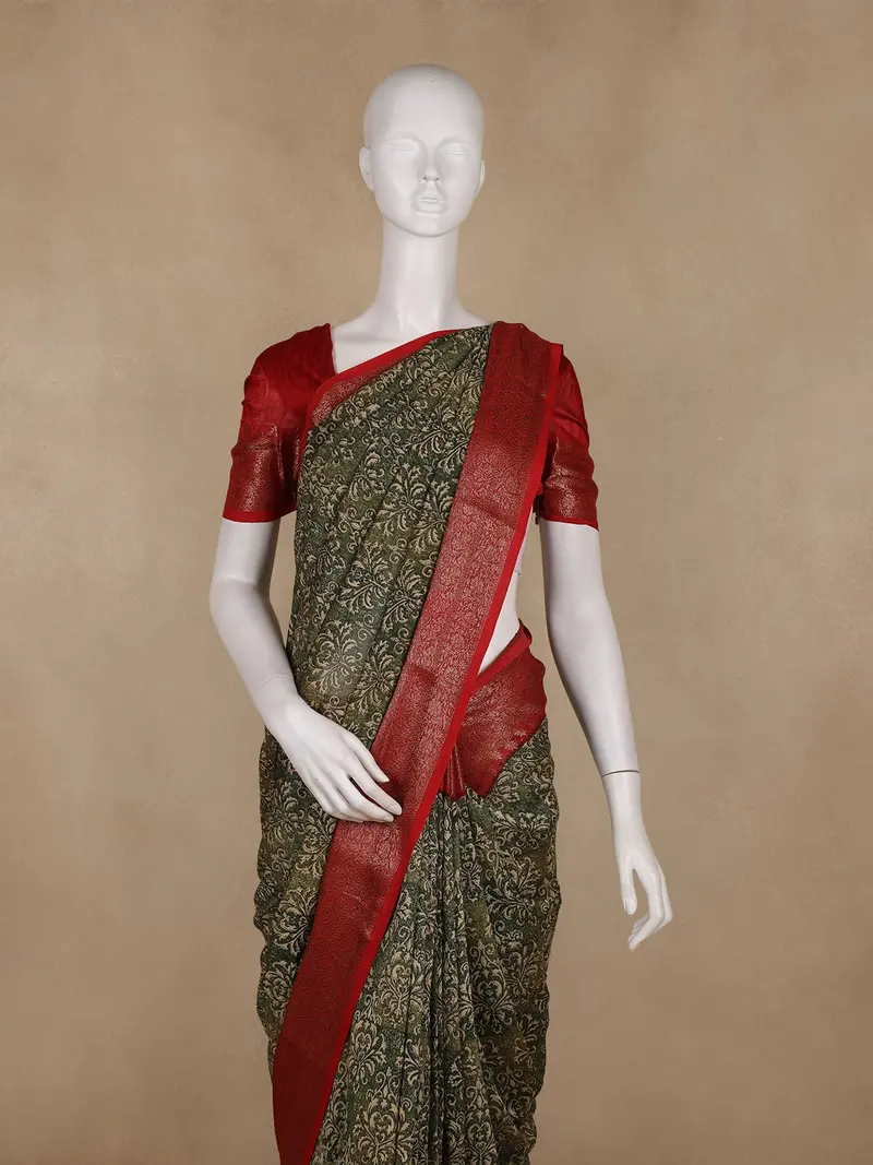 Olive Green Damask Floral Printed Chandheri Cotton Saree 2