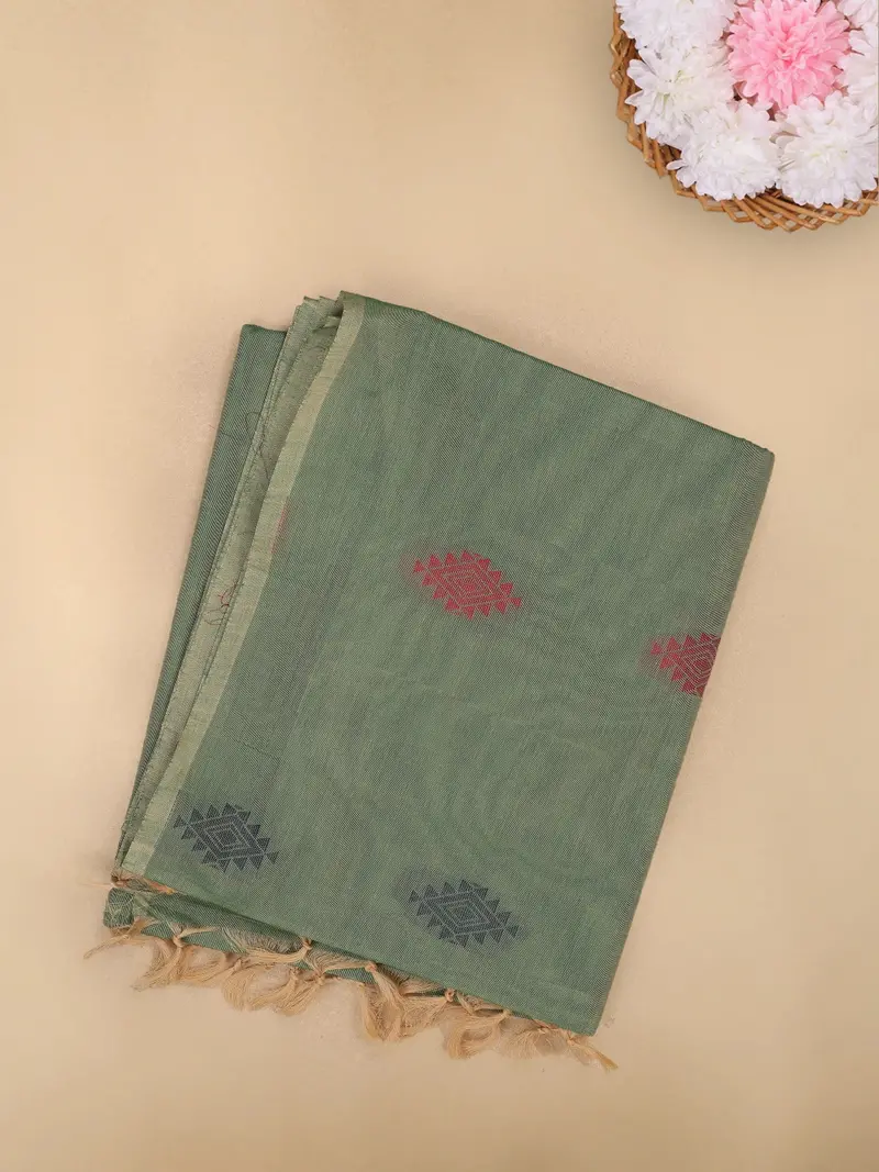 Olive Green Diamond Butta Woven Design Cotton Saree 1