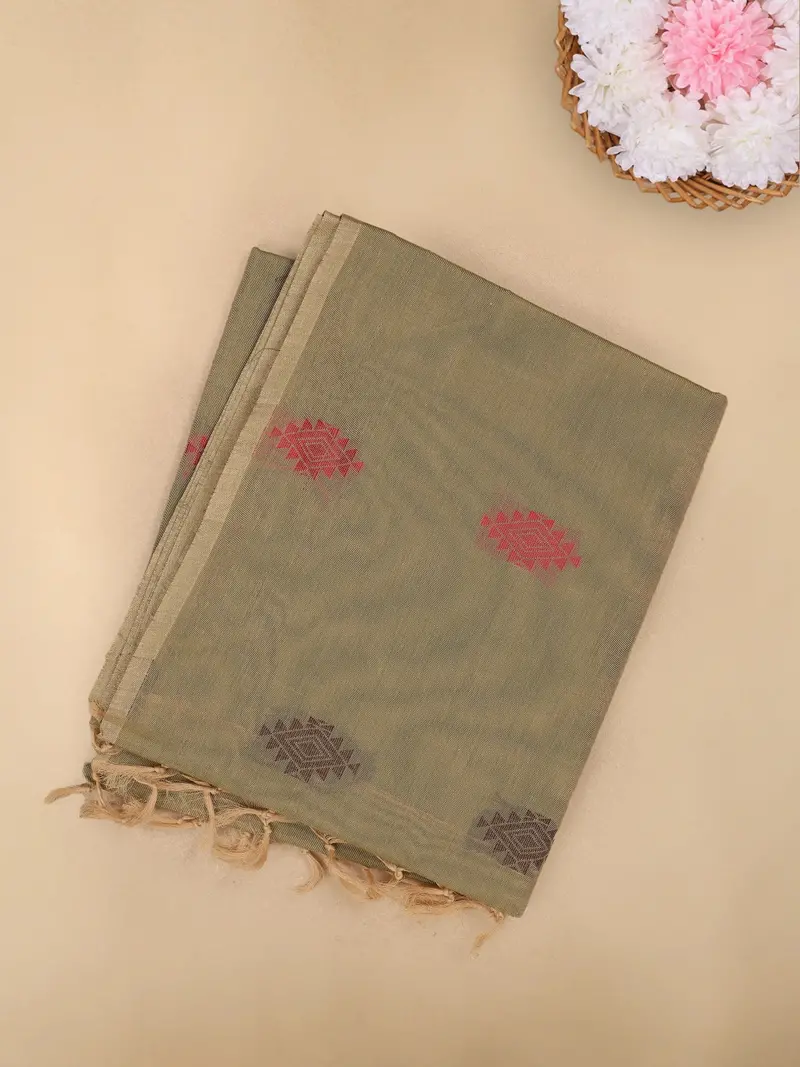 Olive Green Diamond Butta Woven Design Cotton Saree 1