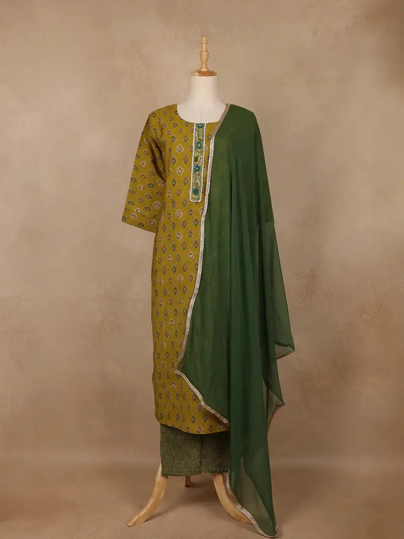 Olive Green Diamond Printed Cotton Salwar Suit 1
