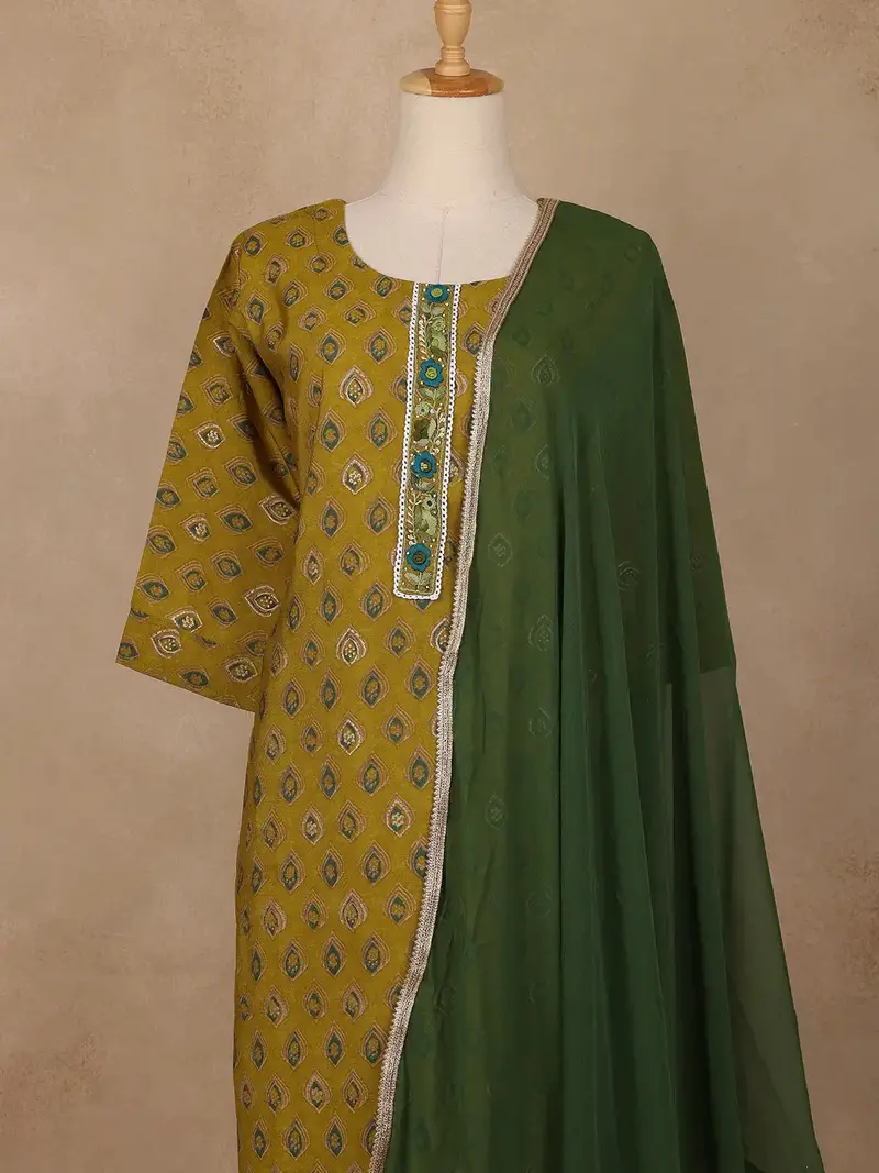 Olive Green Diamond Printed Cotton Salwar Suit 2