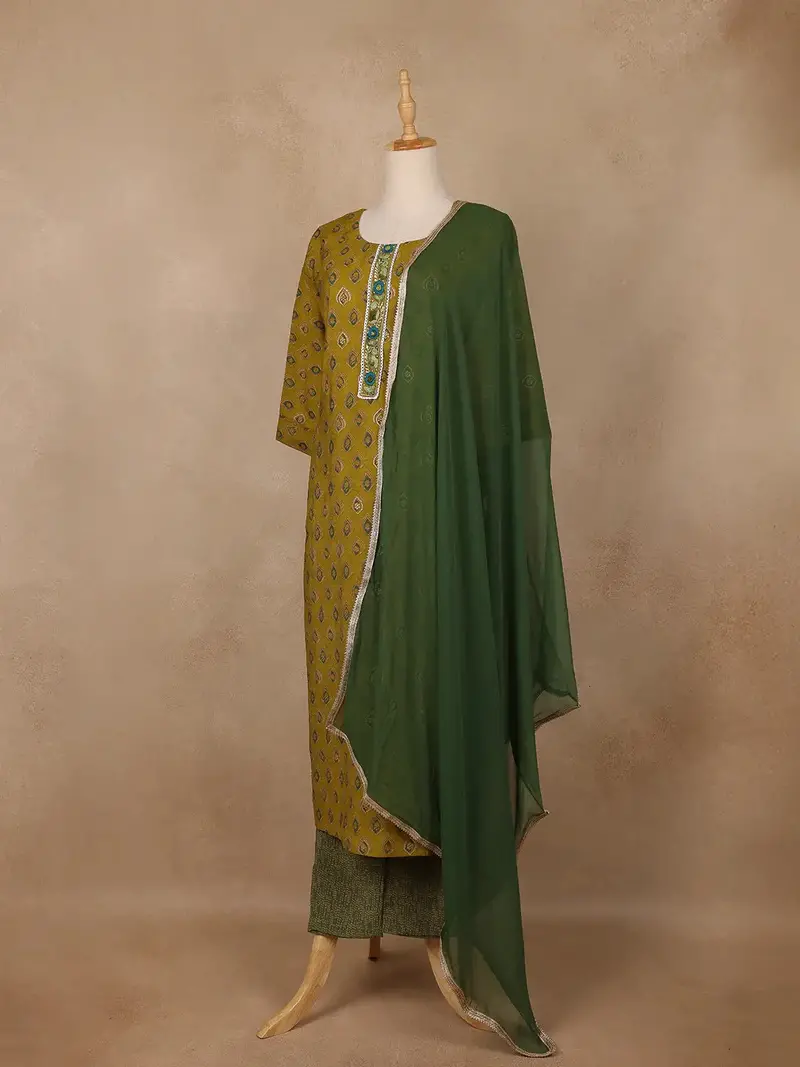 Olive Green Diamond Printed Cotton Salwar Suit 3