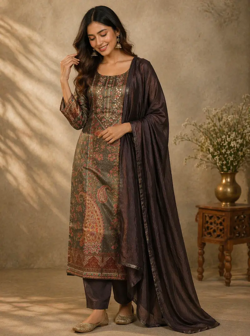 Olive Green Embroidered Design Tissue Silk Salwar Suit 1