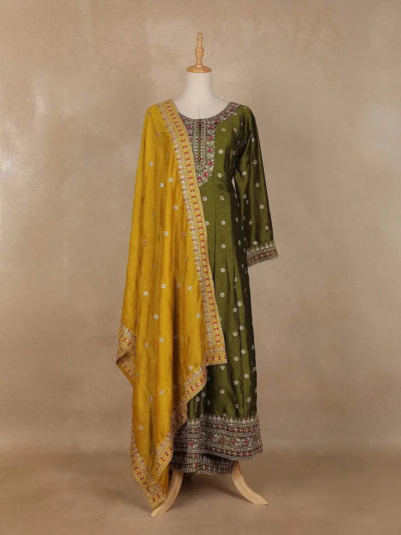 Olive Green Embroidered Designed Crepe Anarkali Salwar Suit 1