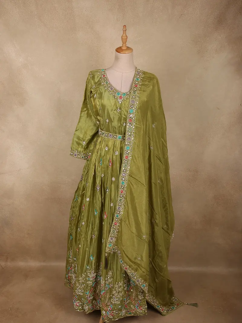Olive Green Floral Beads Embroidered Design Organza Gown With Dupatta 1