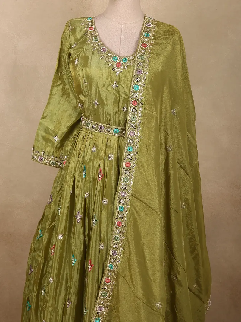 Olive Green Floral Beads Embroidered Design Organza Gown With Dupatta 2