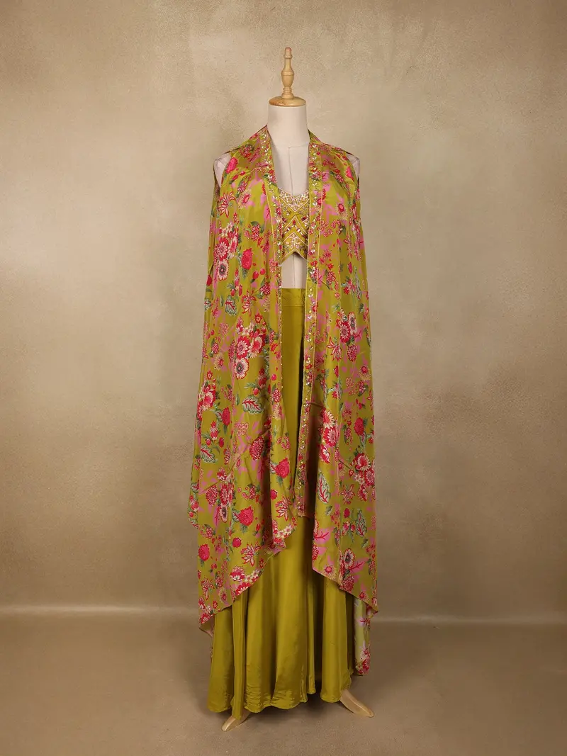 Olive Green Floral Beads Embroidered Design Satin Palazzo Suit With Long Jacket Overlay 1
