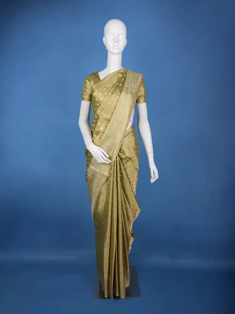 Olive Green Floral Brocade Design Tissue Saree 1