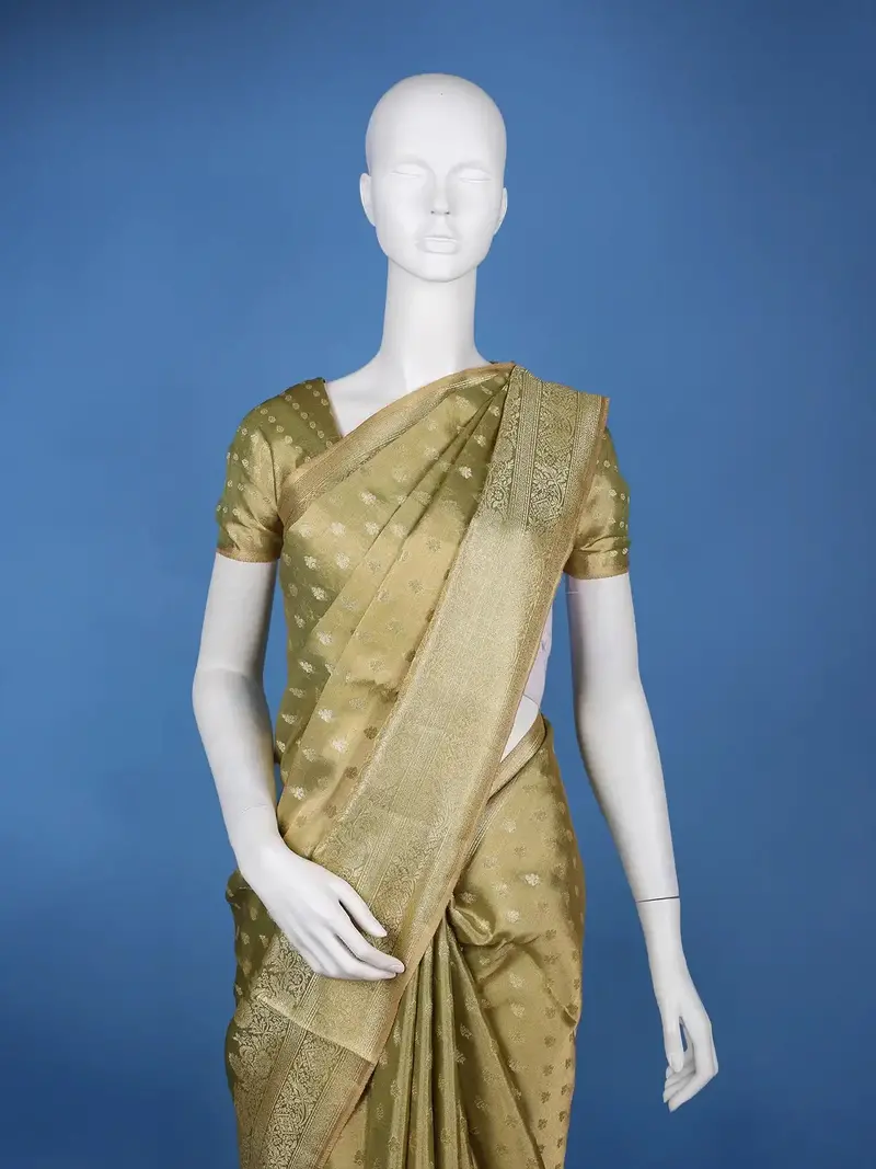 Olive Green Floral Brocade Design Tissue Saree 2