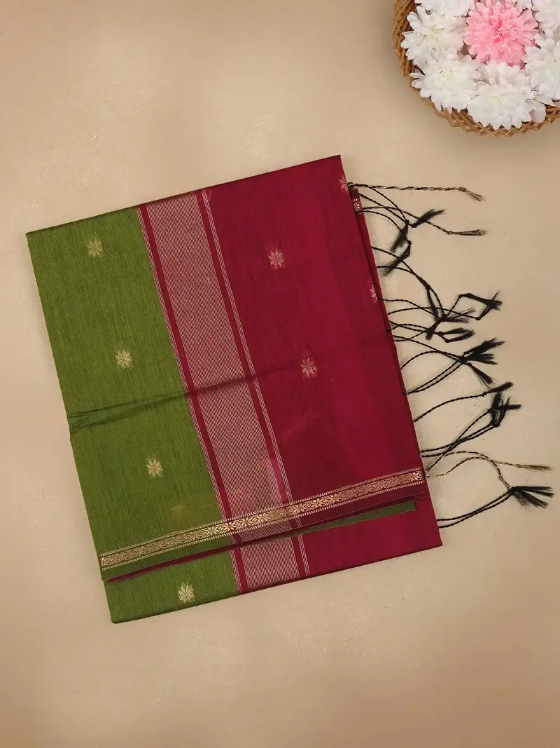 Olive Green Floral Butta Fancy Cotton Saree 1