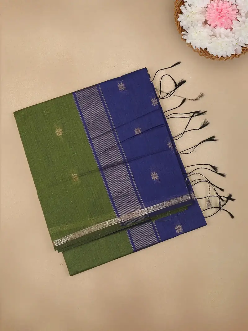 Olive Green Floral Butta Fancy Cotton Saree 1