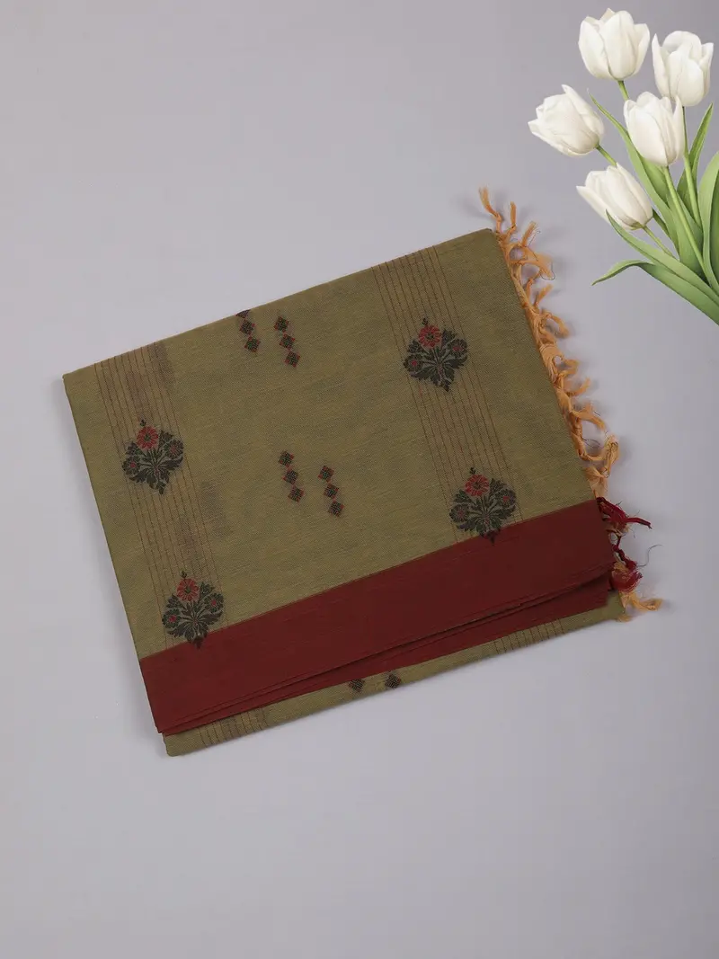 Olive Green Floral Butta Woven Cotton Saree With Contrast Red Border 1