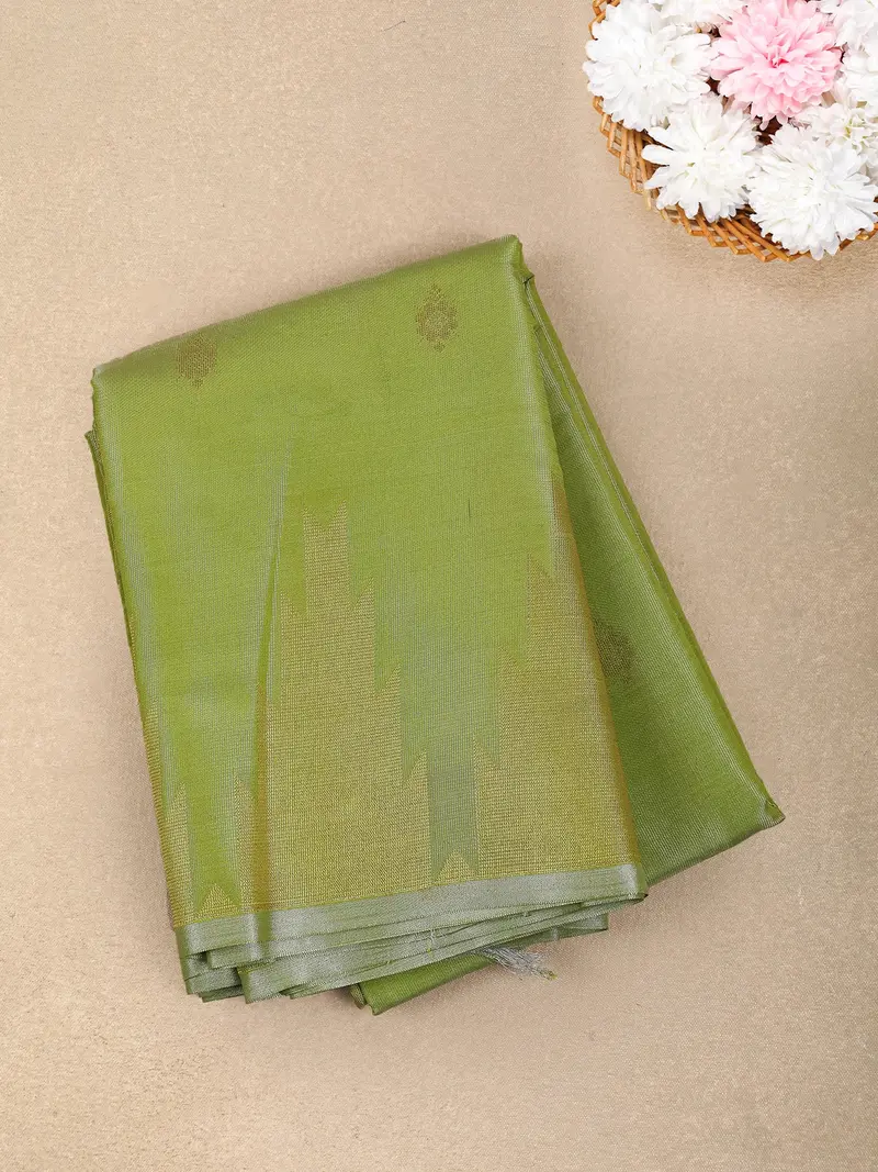 Olive Green Floral Butta Zari Woven Design Tissue Designer Saree With Designer Temple Border 1