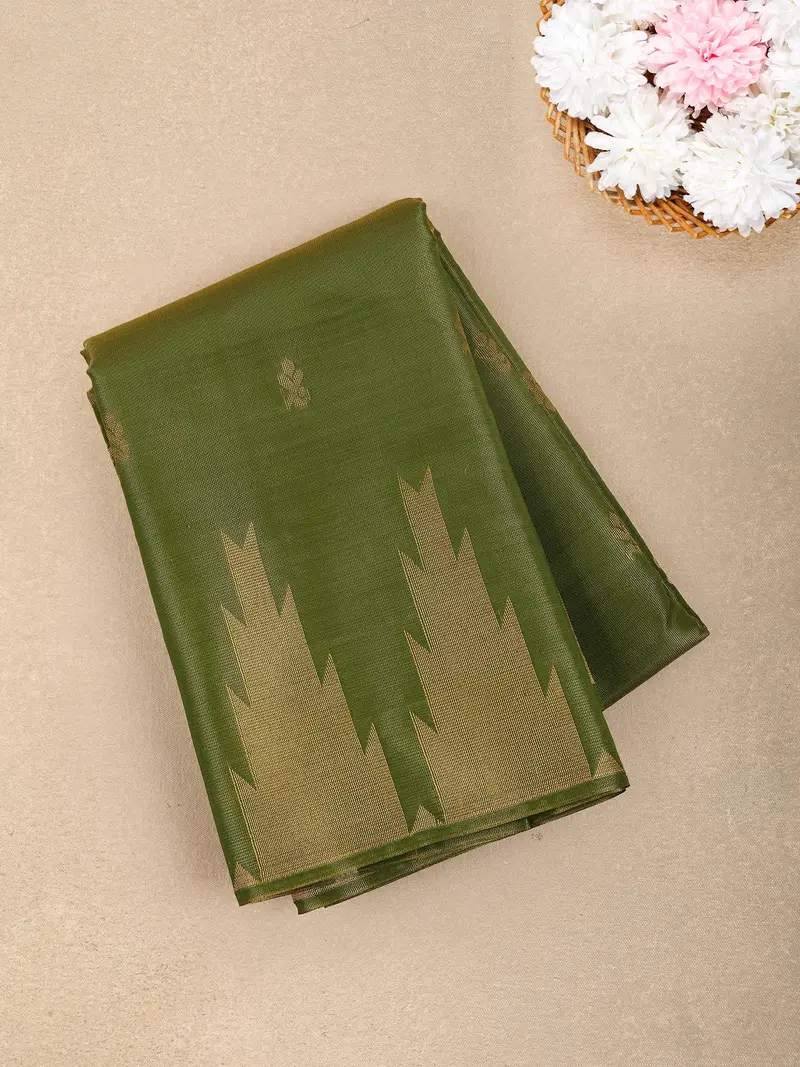 Olive Green Floral Butta Zari Woven Design Tissue Designer Saree With Temple Border 1