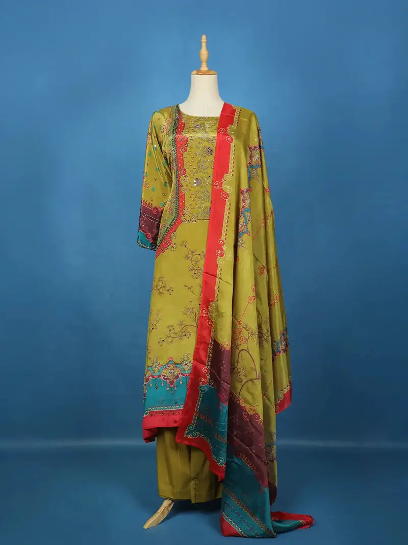 Olive Green Floral Design Crepe Palazzo Salwar Suit 1
