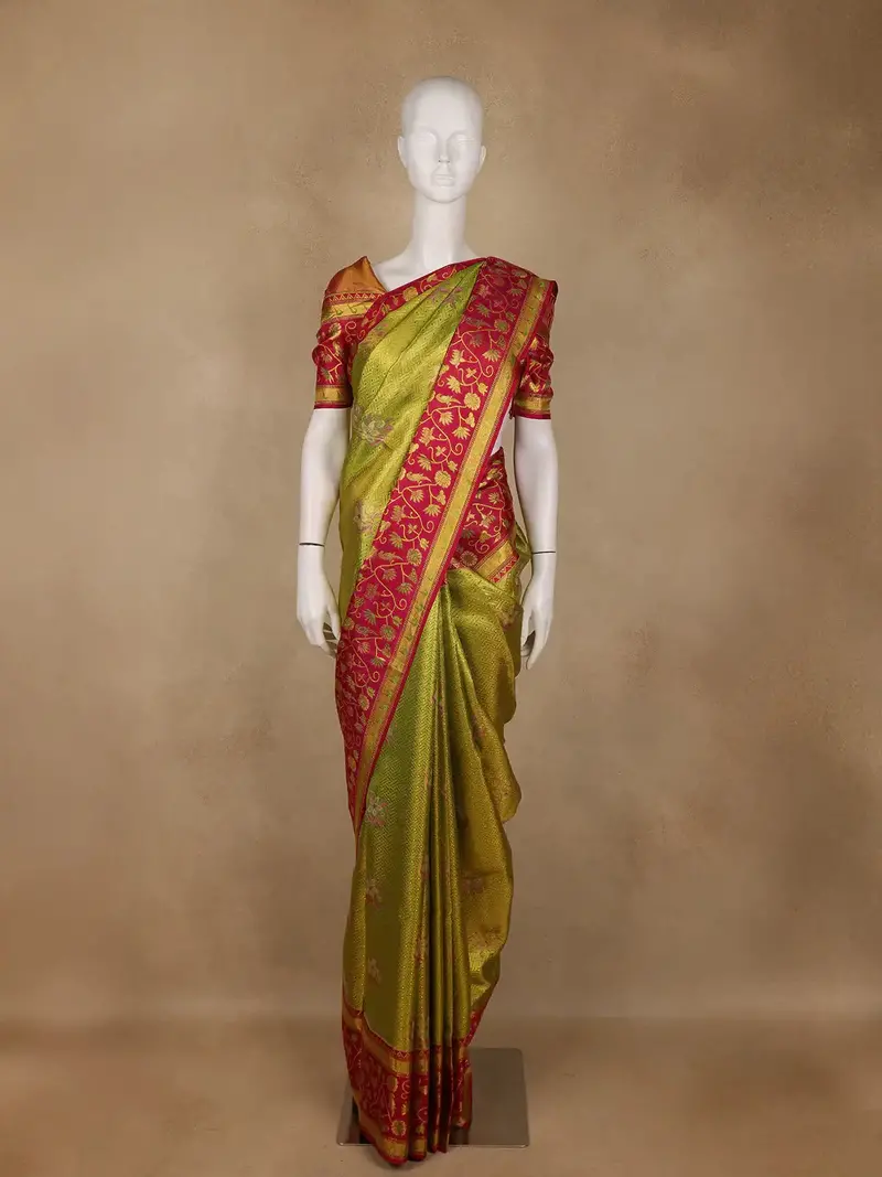 Olive Green Floral Design Kanchipuram Silk Saree With Zari Border 1