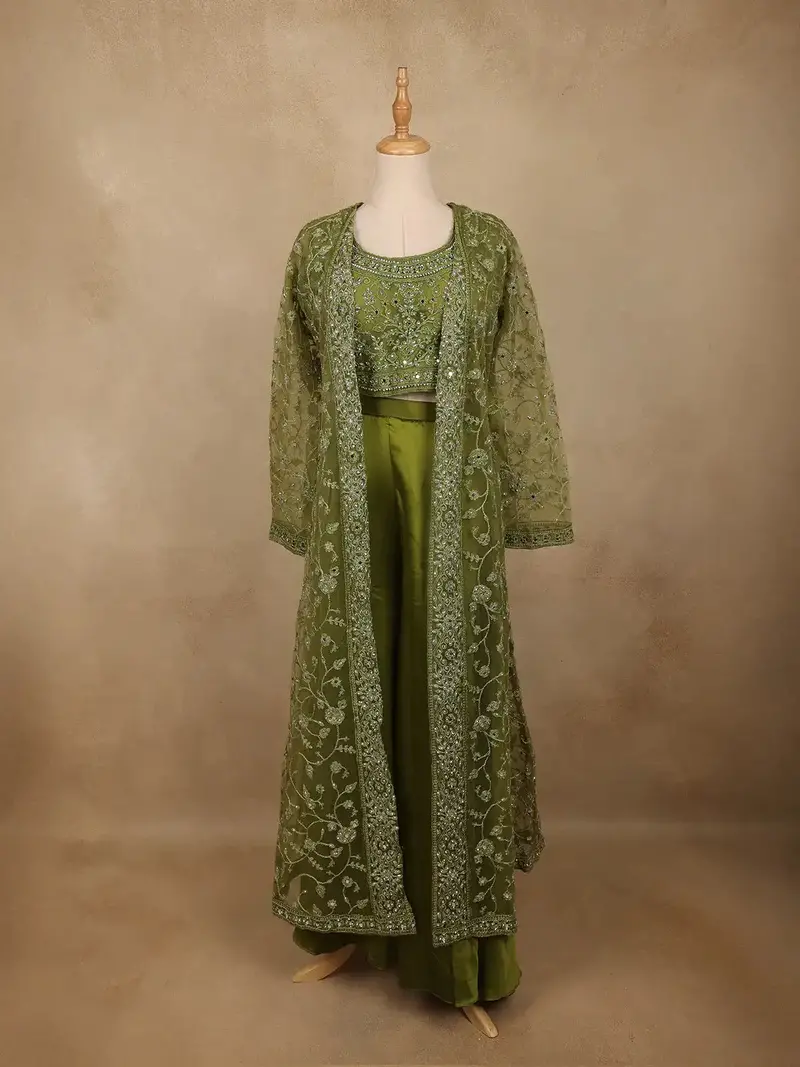 Olive Green Floral Design Net Palazzo Suit 1