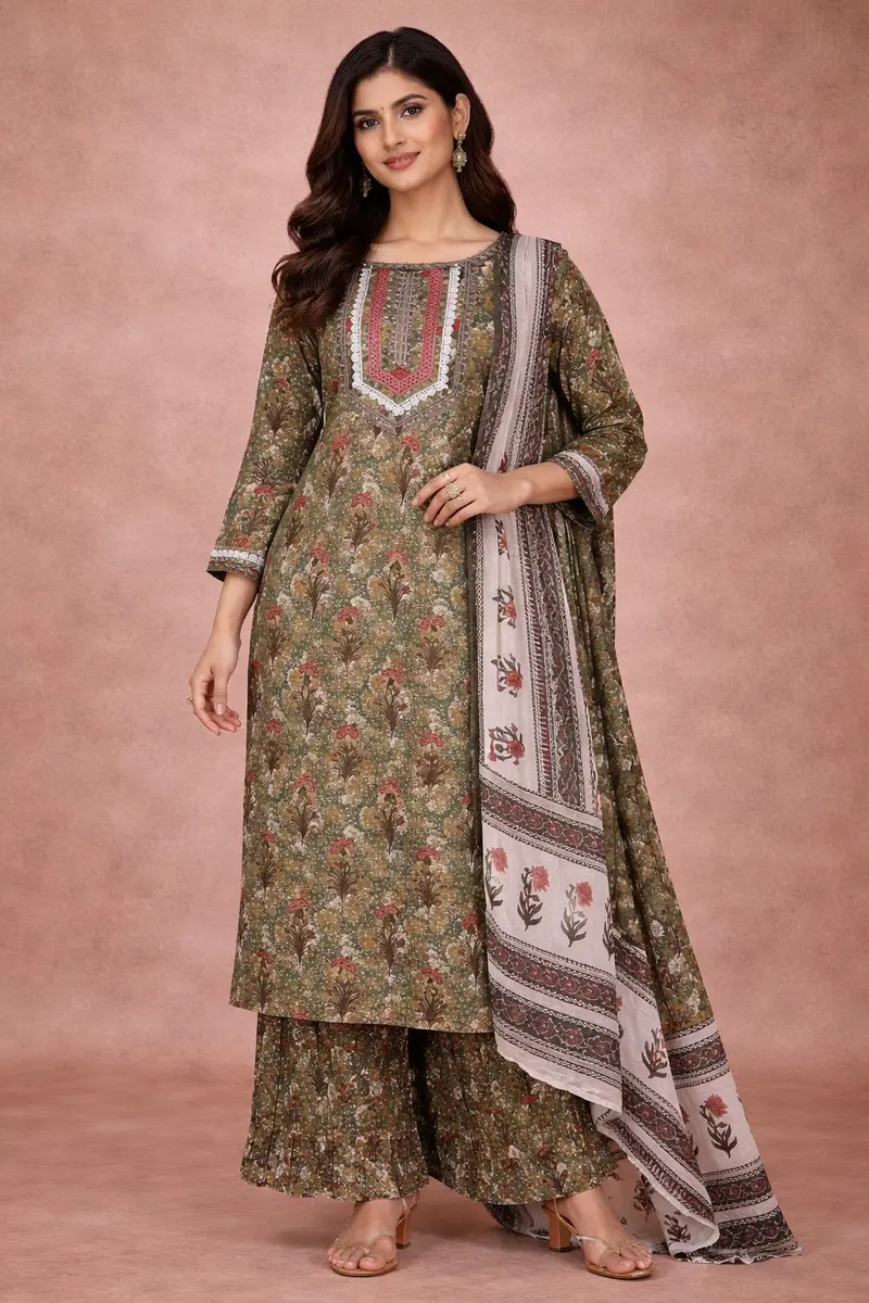 Olive Green Floral Design Printed Cotton Salwar Suit 1