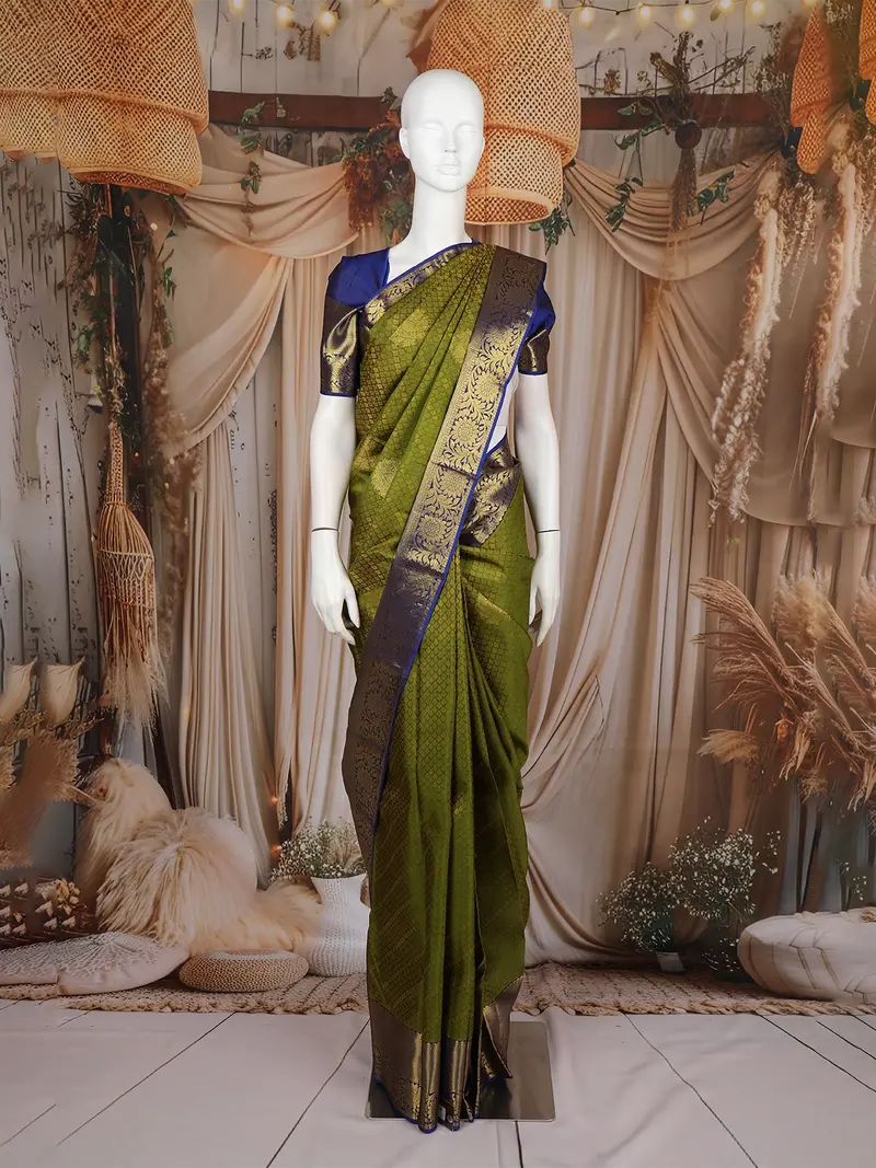Olive Green Floral Design Pure Kanchipuram Silk Saree 1