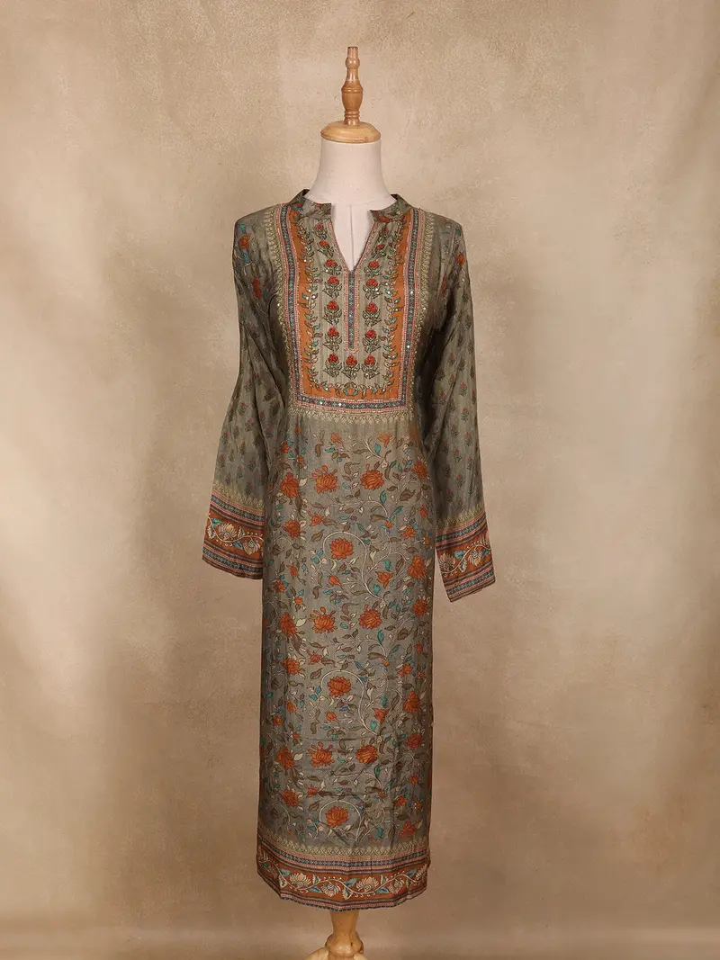 Olive Green Floral Design Rayon Kurti 1