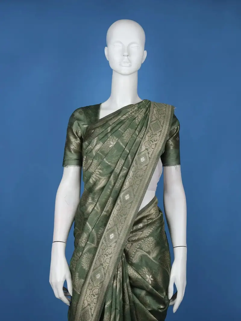 Olive Green Floral Design Semi Tussar Saree 1
