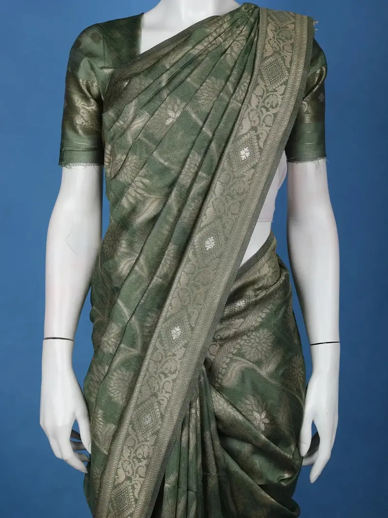Olive Green Floral Design Semi Tussar Saree 2