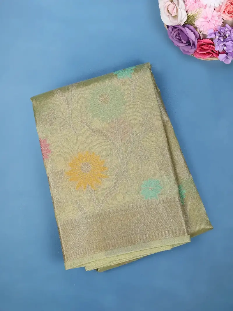 Olive Green Floral Design Tissue Silk Saree 1