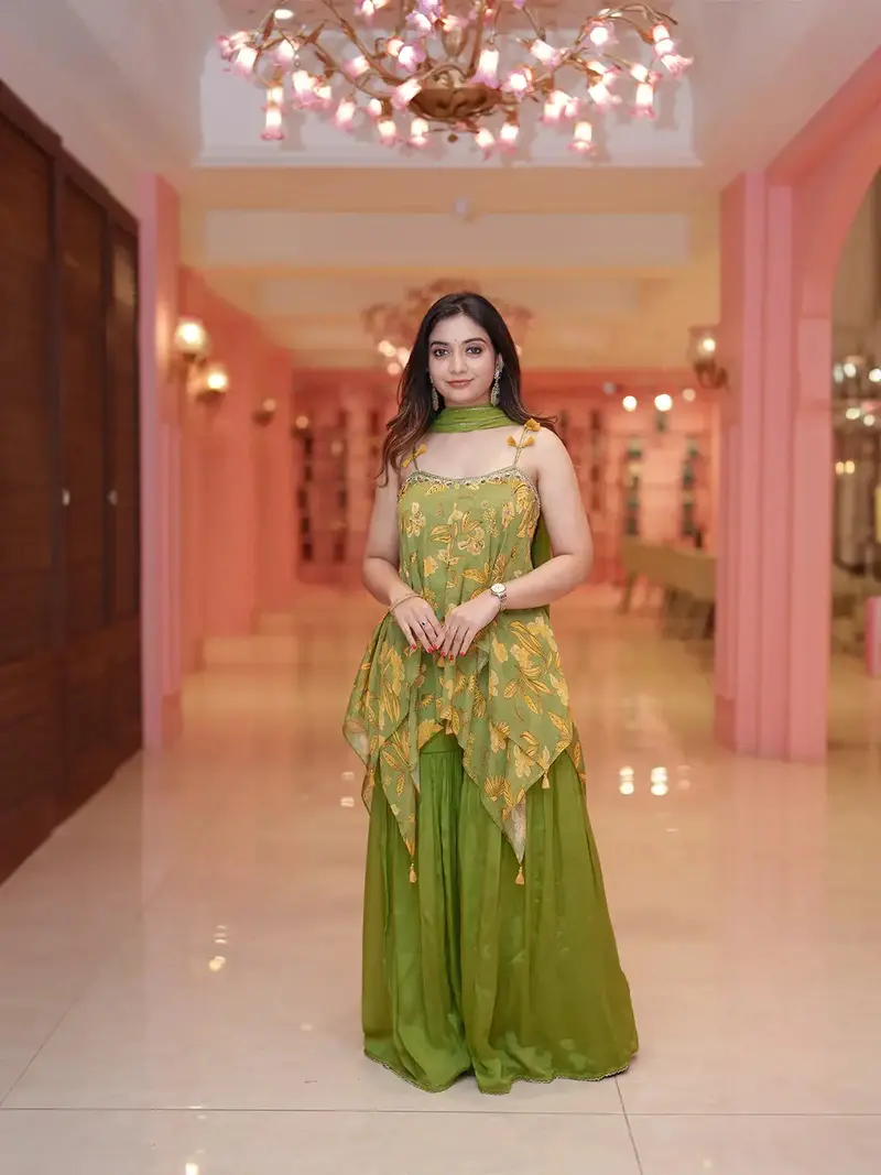 Olive Green Floral Designed Georgette Sharara Set 1