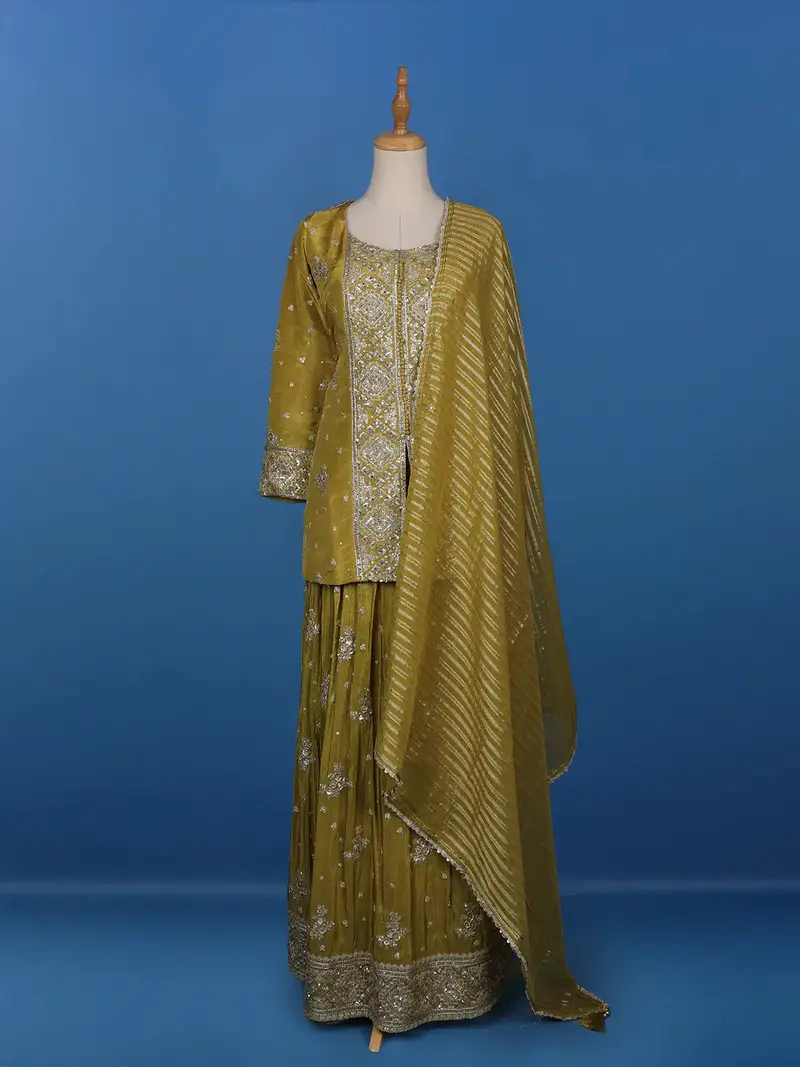 Olive Green Floral Designed Semi Silk Lehenga 1