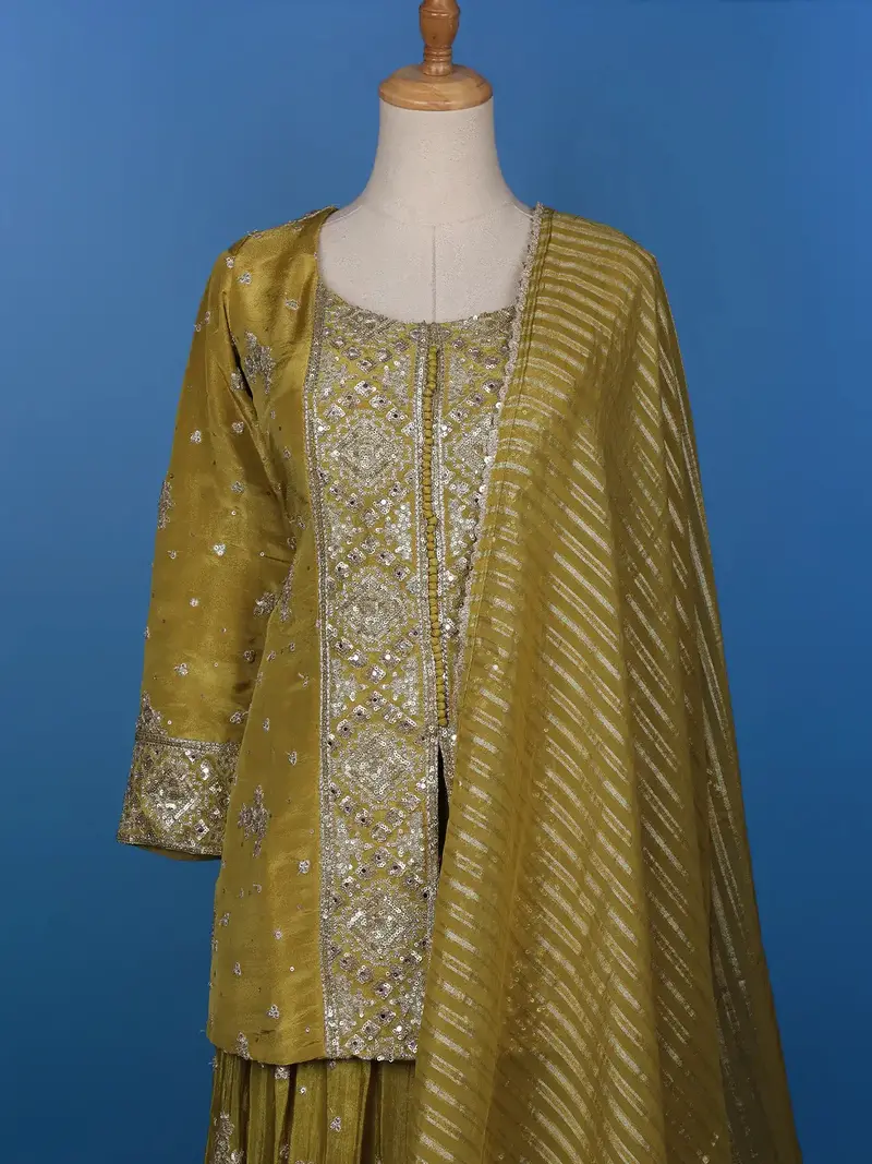 Olive Green Floral Designed Semi Silk Lehenga 2