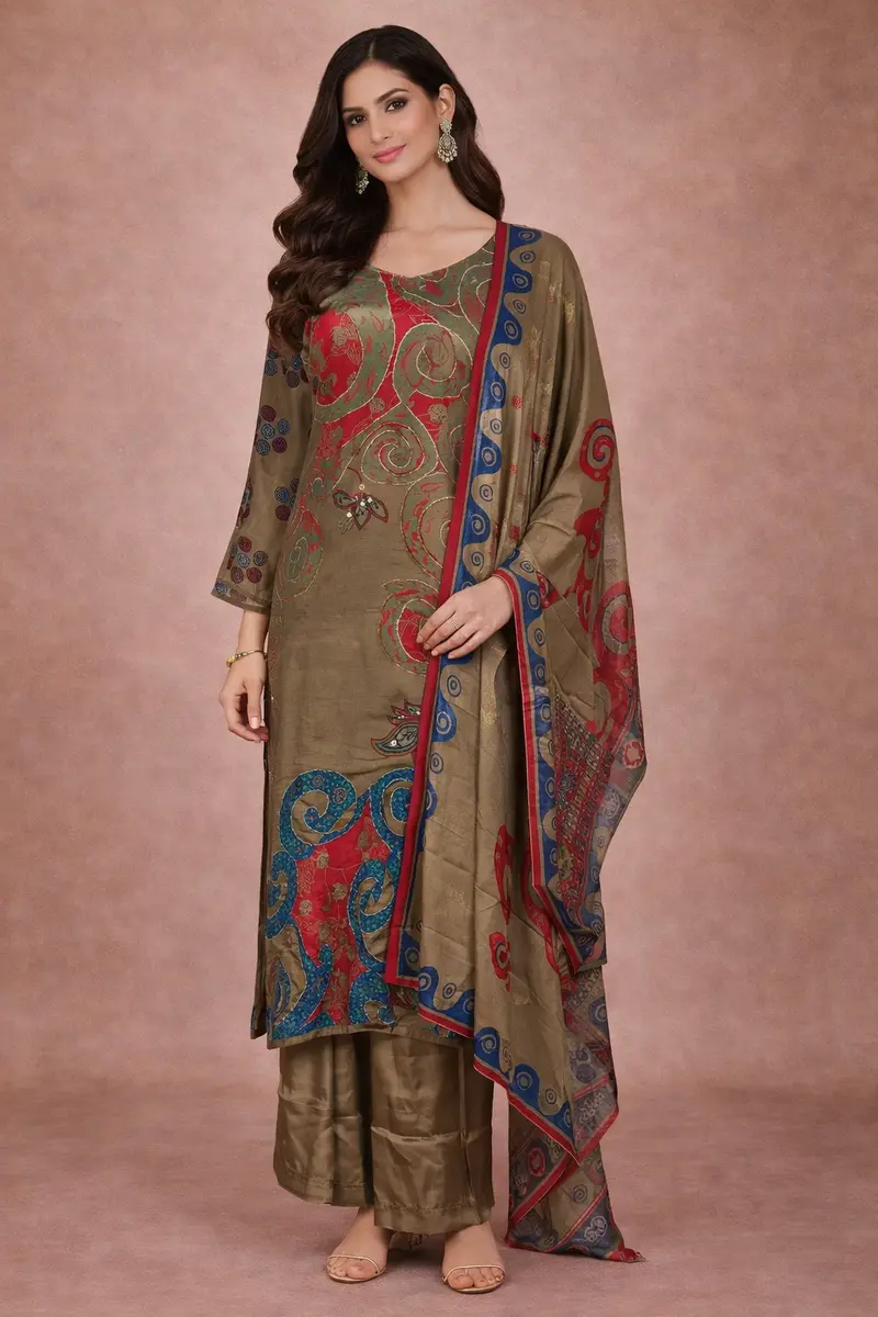 Olive Green Floral Designed Semi Silk Salwar Suit 1