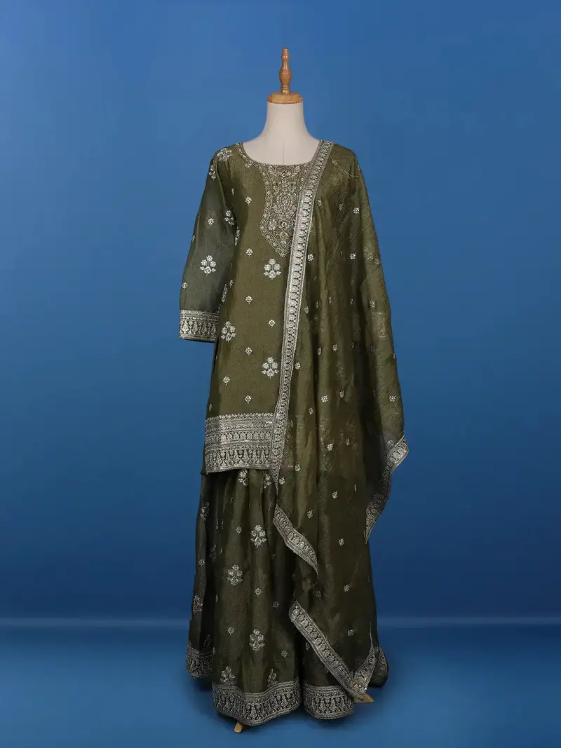 Olive Green Floral Designed Tissue Silk Salwar Suit 1