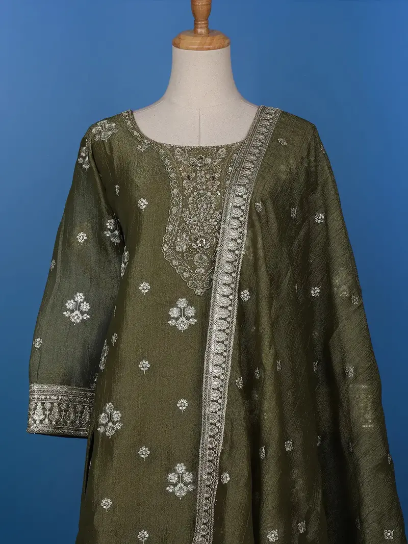 Olive Green Floral Designed Tissue Silk Salwar Suit 2