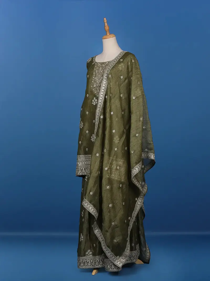 Olive Green Floral Designed Tissue Silk Salwar Suit 3