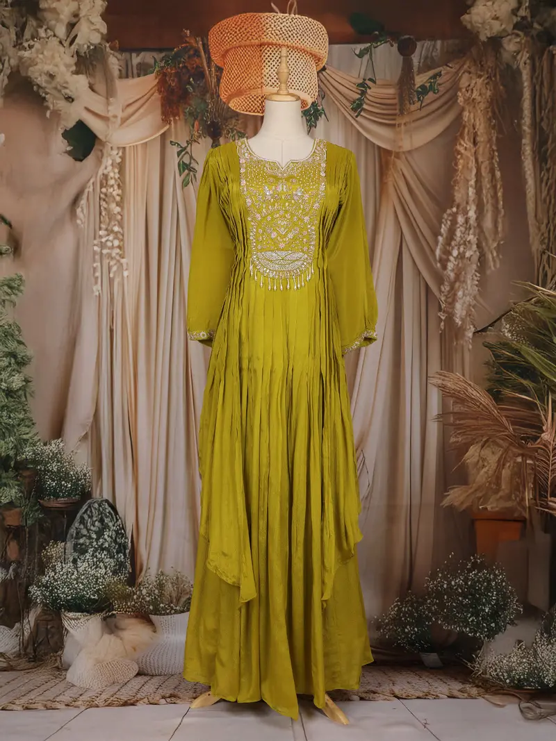 Olive Green Floral Embroidered Chiffon Gown 1