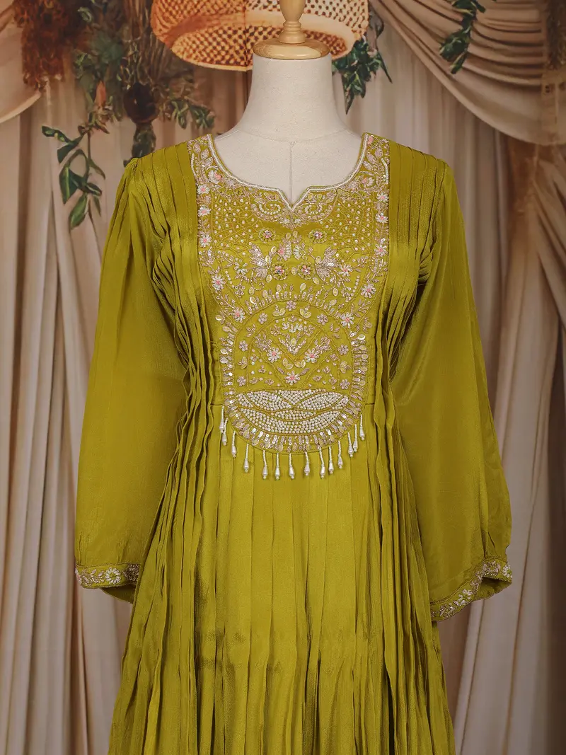 Olive Green Floral Embroidered Chiffon Gown 2