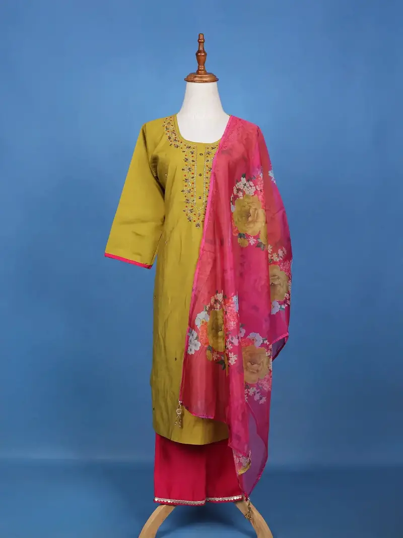 Olive Green Floral Embroidered Cotton Salwar Suit 1