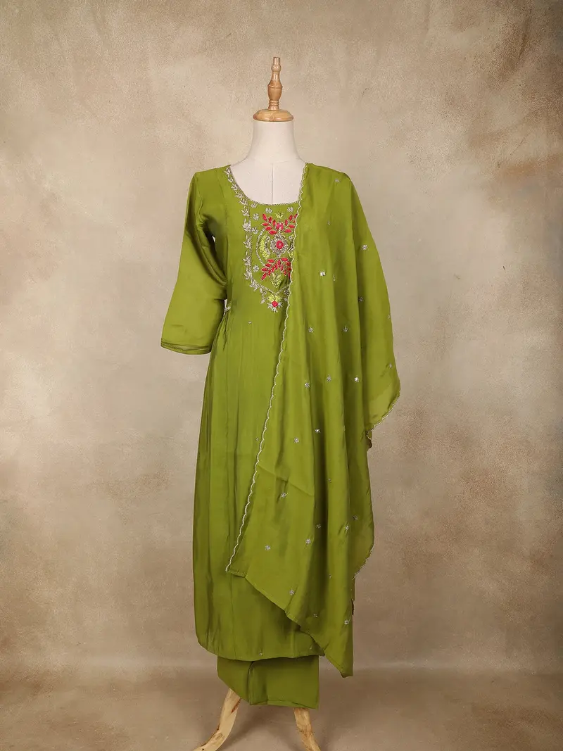 Olive Green Floral Embroidered Cotton Salwar Suit With Dupatta 1