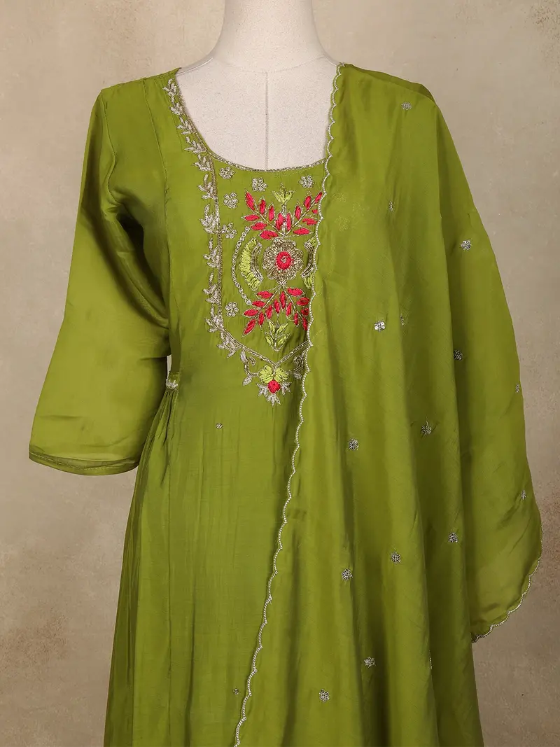 Olive Green Floral Embroidered Cotton Salwar Suit With Dupatta 2