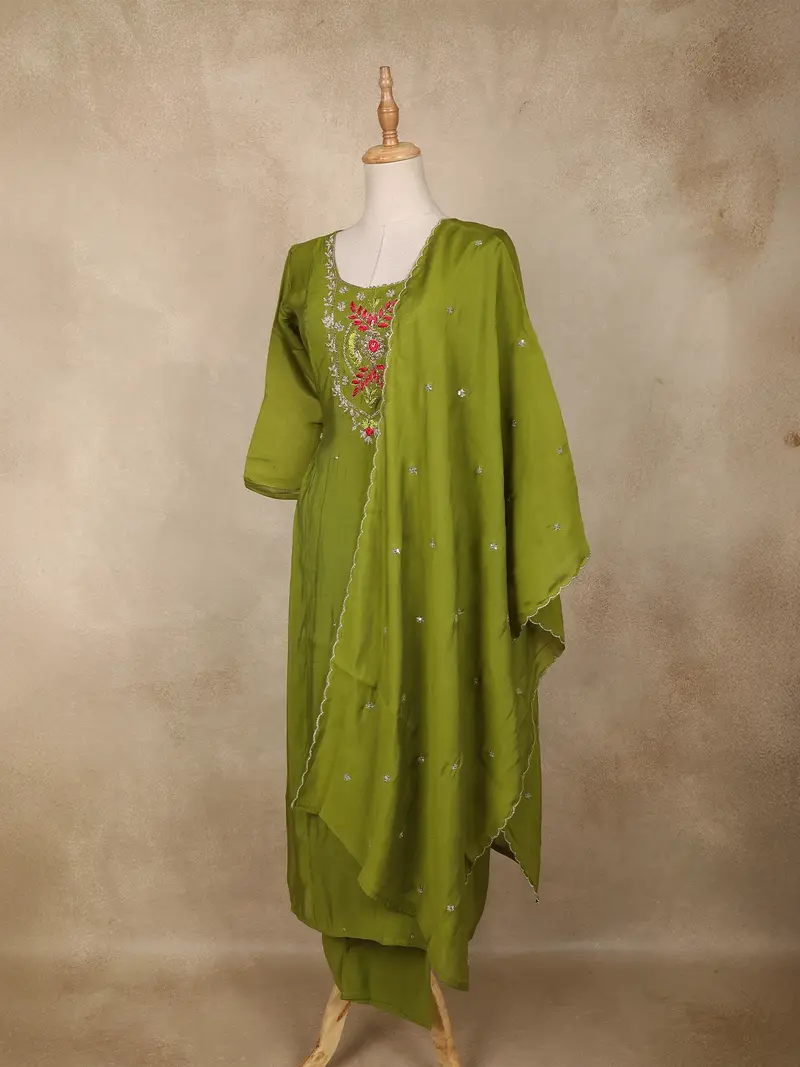Olive Green Floral Embroidered Cotton Salwar Suit With Dupatta 3