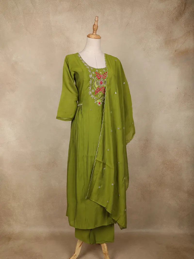 Olive Green Floral Embroidered Cotton Salwar Suit With Dupatta 4