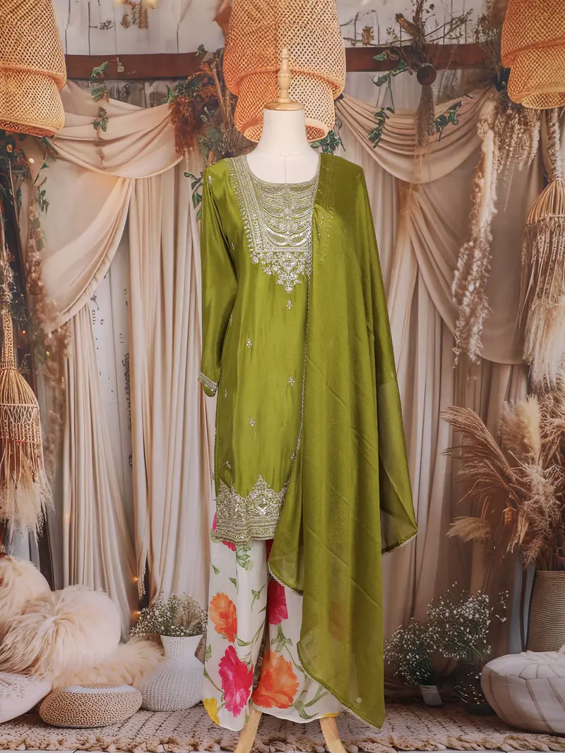 Olive Green Floral Embroidered Design Chiffon Palazzo Suit 1