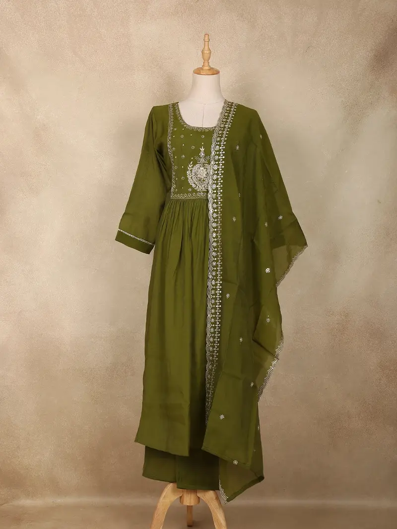 Olive Green Floral Embroidered Design Cotton Anarkali Salwar Suit 1