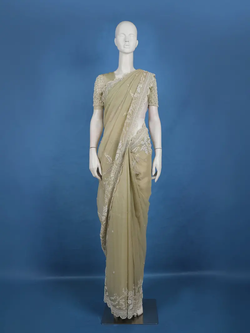 Olive Green Floral Embroidered Design Net Organza Tissue Saree With Designer Blouse 1